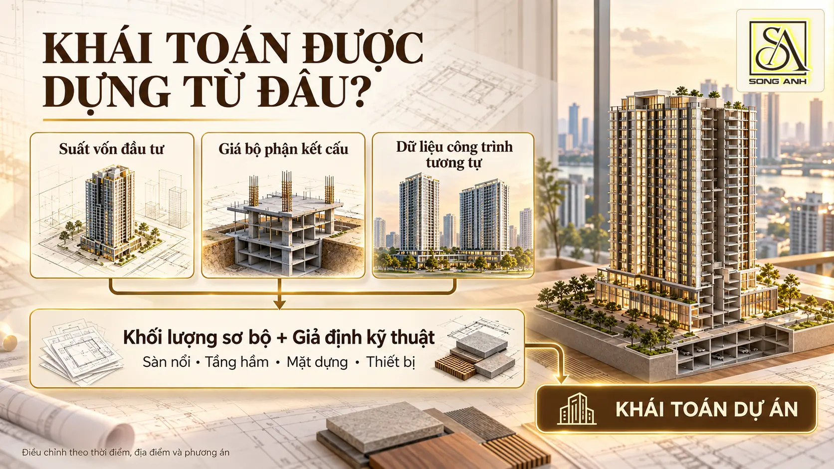 Sơ đồ ba nguồn dữ liệu lập khái toán kết hợp với khối lượng sơ bộ và giả định kỹ thuật của dự án cao tầng.